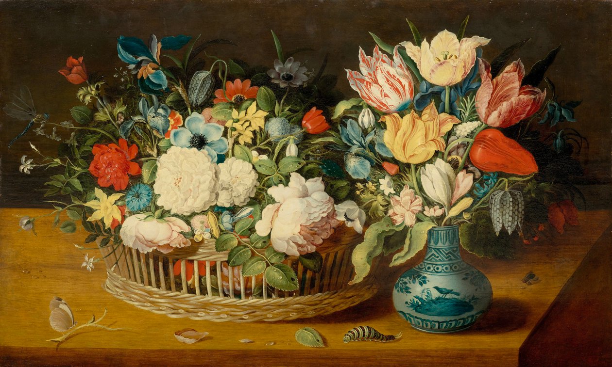 Natura morta con fiori in un cesto intrecciato e mazzo di fiori in un vaso di porcellana da Osias the Elder Beert