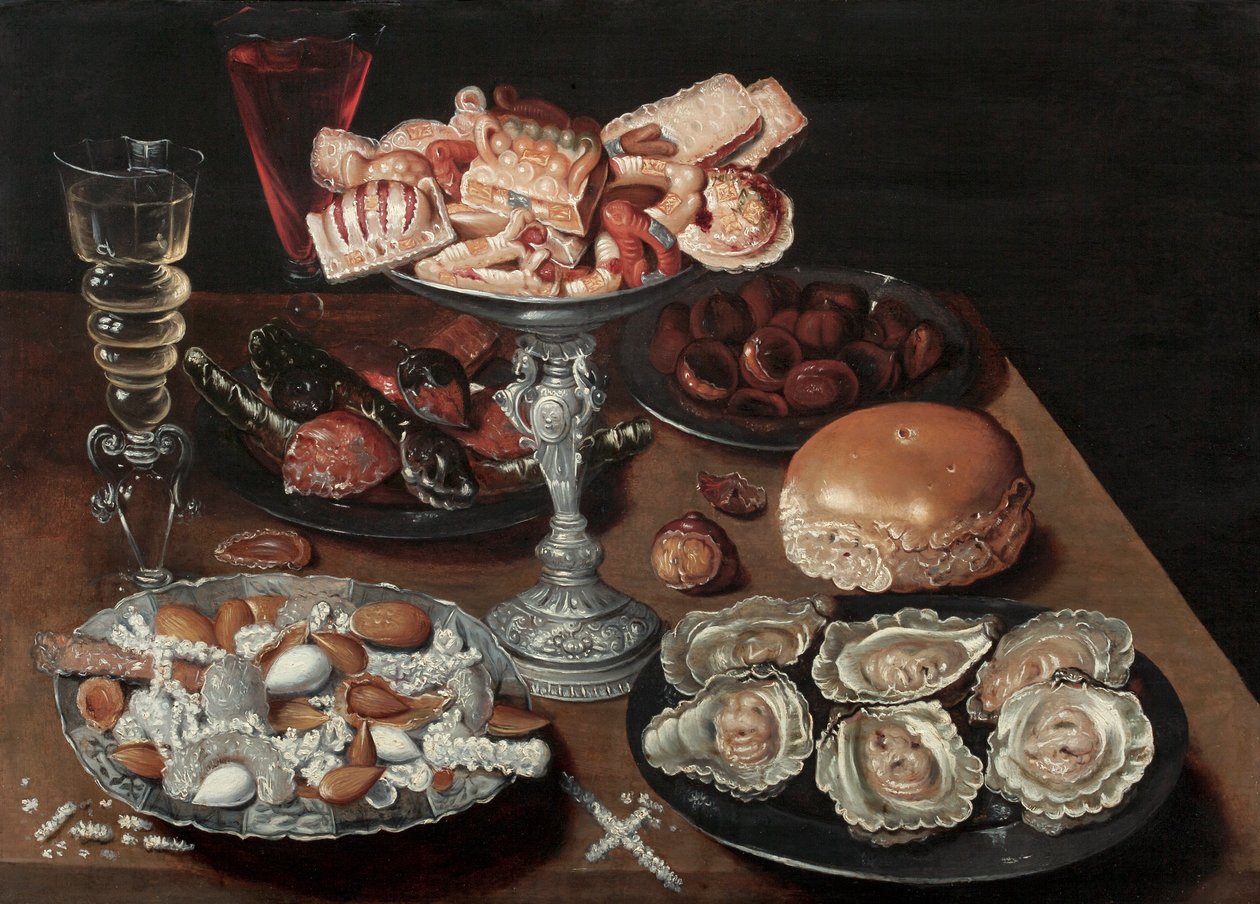 Mandorle, ostriche, dolci, castagne e vino su un tavolo di legno da Osias the Elder Beert