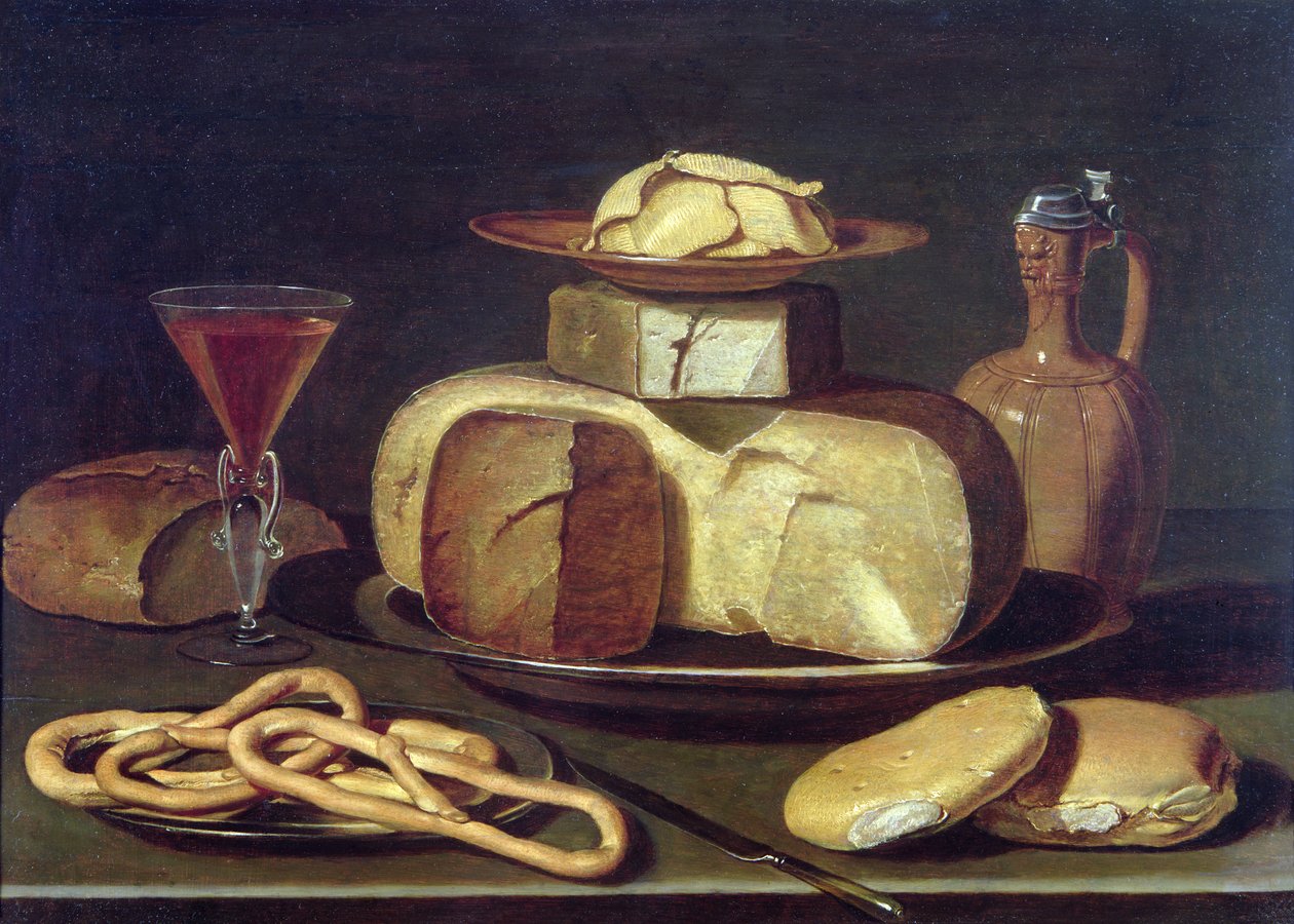 Natura morta con pane, formaggio, vino e pretzel da Osias the Elder Beert