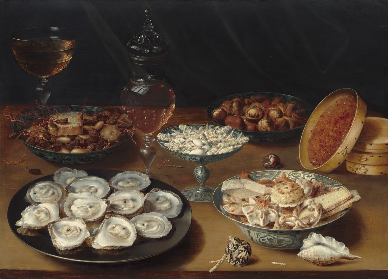 Piatti con Ostriche, Frutta e Vino da Osias Beert the Elder