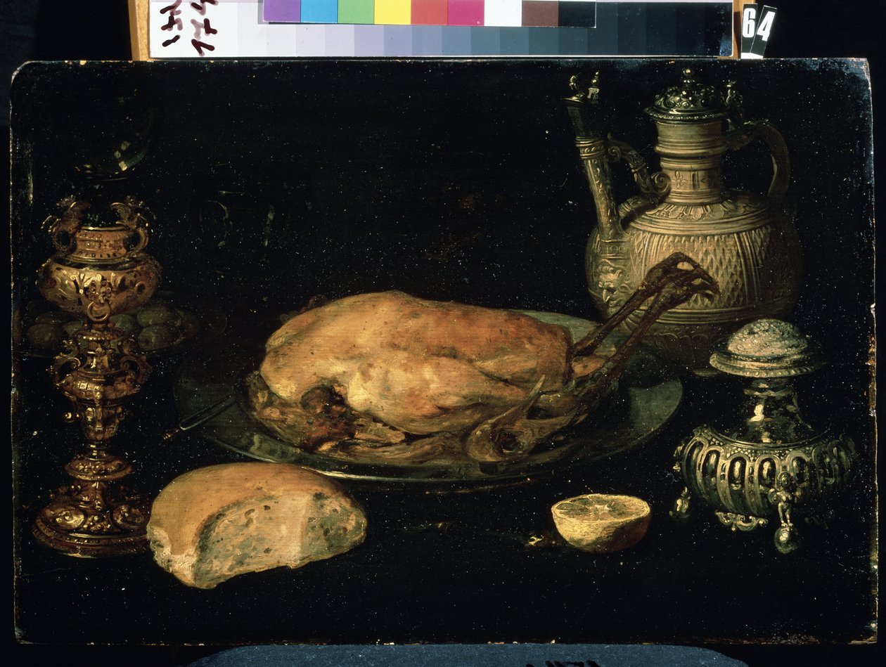 Natura morta con pollo, limone, pane, argenteria e lampada a olio da Osias the Elder Beert