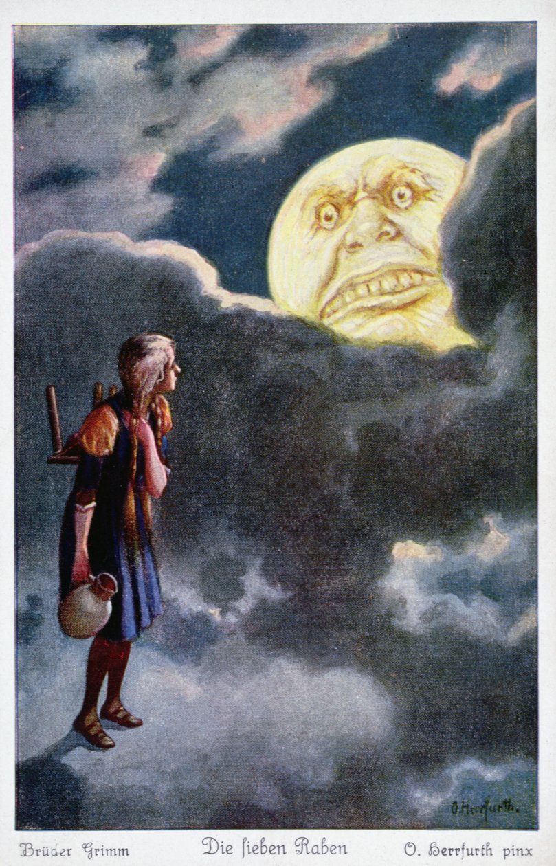 La luna minaccia di mangiare la giovane ragazza che tenta di salvare i suoi fratelli, illustrazione da I Sette Corvi dei Fratelli Grimm da Oskar Herrfurth