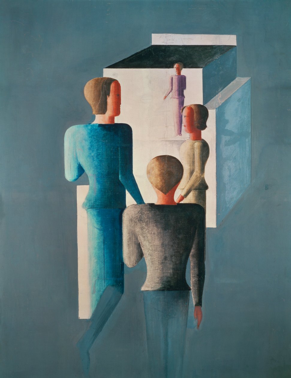 Quattro figure e un cubo (pittura su tela) da Oskar Schlemmer