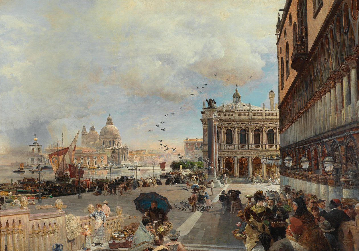 Venezia, veduta della Piazzetta, con la Biblioteca Marciana, Santa Maria della Salute e la Dogana da Oswald Achenbach