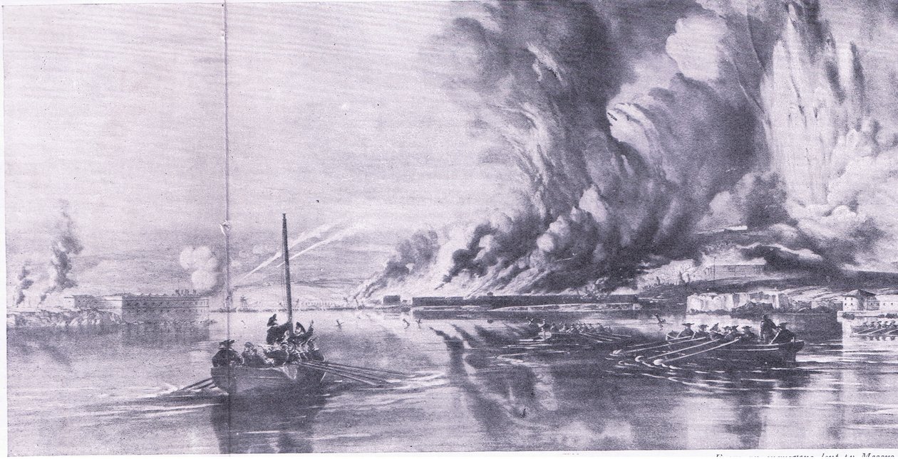La caduta di Sebastopoli e la ritirata dei russi, 8 settembre 1855, illustrazione da British Battles on Land and Sea, 1915 da Oswald Walters Brierly