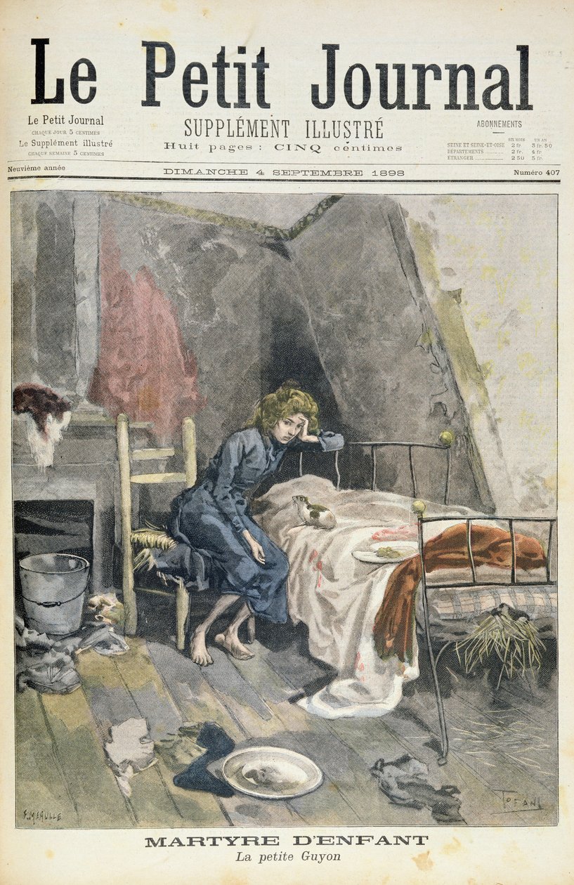 Pagina del titolo raffigurante il martirio dei bambini, il piccolo Guyon, illustrazione dal supplemento illustrato di Le Petit Journal, 4 settembre 1898 da Oswaldo Tofani