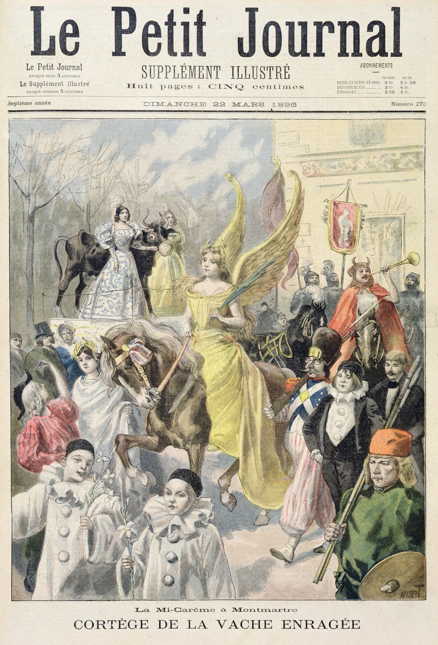 Pagina del titolo che raffigura la processione della mucca pazza, metà Quaresima a Montmartre, illustrazione dal supplemento illustrato di Le Petit Journal, 22 marzo 1896 da Oswaldo Tofani