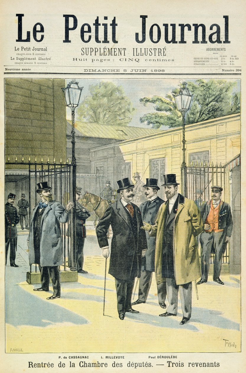 Pagina del titolo che raffigura la riapertura della Camera dei Deputati con Paul Granier de Cassagnac, Lucien Millevoye e Paul Deroulede, illustrazione dal supplemento illustrato di Le Petit Journal da Oswaldo Tofani