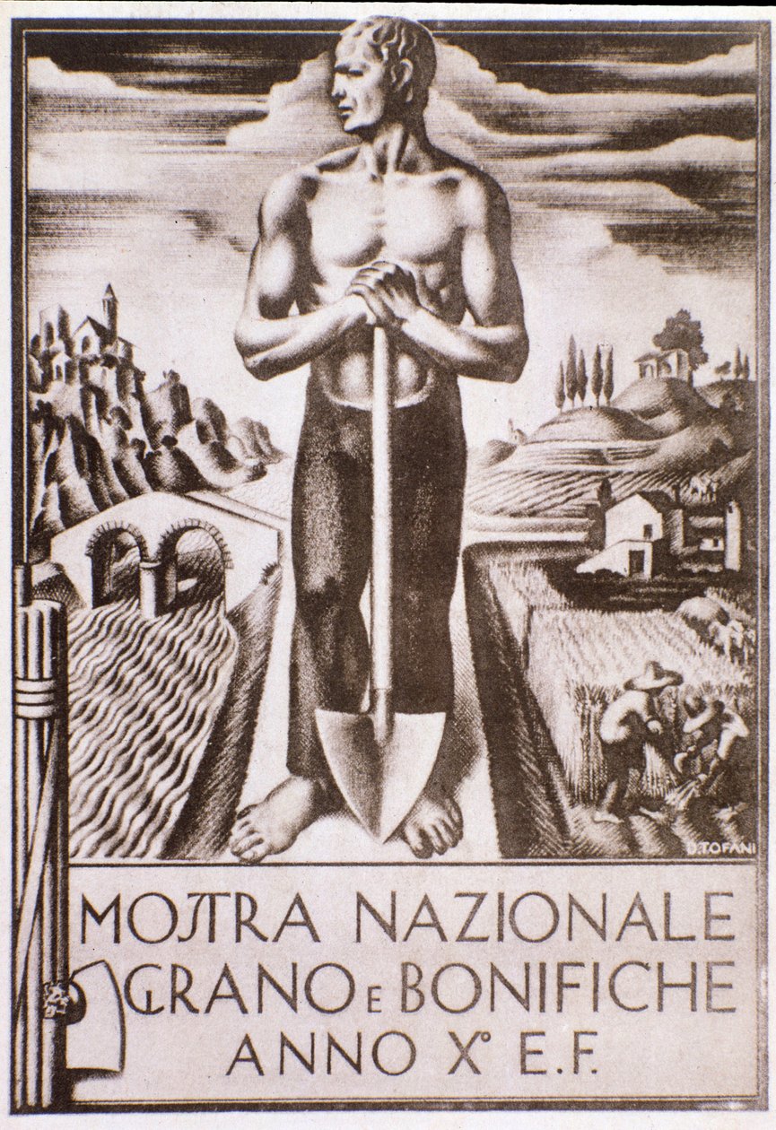 Manifesto di propaganda fascista per la campagna di miglioramento del grano e della terra da Oswaldo (after) Tofani