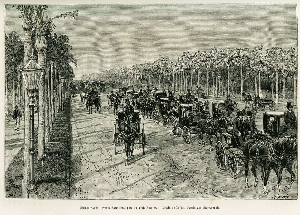 Buenos Aires, Avenida Sarmiento, Parco Tre Febbraio. Incisione di Tofani, per illustrare la storia Viaggio alla Plata, nel 1886, di Emile Daireaux, in Le Tour du monde 1888, diretto da Edouard Charton (1807-1890), Hachette, Parigi. da Oswaldo Tofani