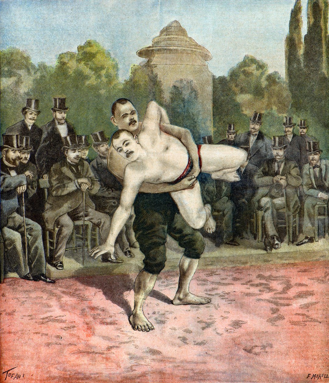 Dimostrazione dei lottatori Pierri e Usouf Ismaillolo, 1895 (Illustrazione) da Oswaldo Tofani