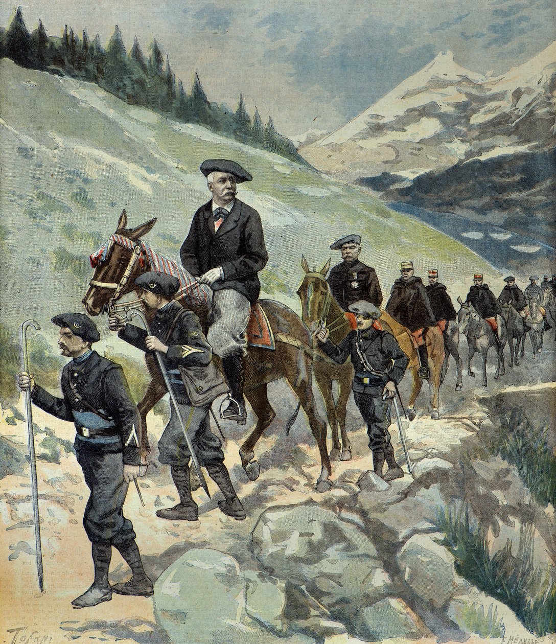 Felix Faure con i cacciatori alpini durante un viaggio sulle Alpi nel 1897 (Incisione) da Oswaldo Tofani