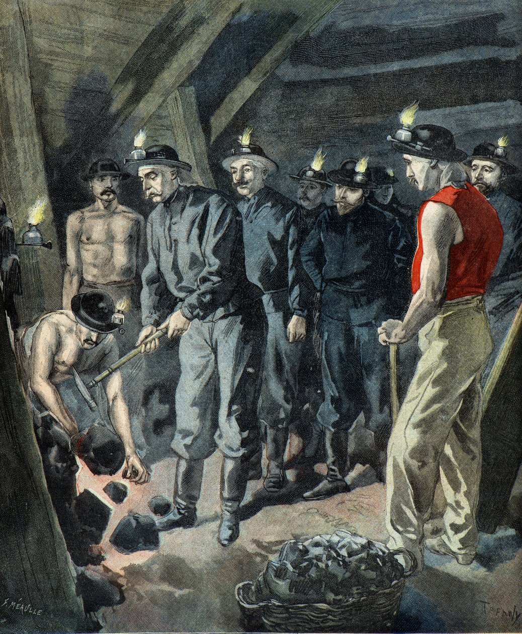 Felix Faure in visita alle miniere di carbone di Lens (Incisione) da Oswaldo Tofani