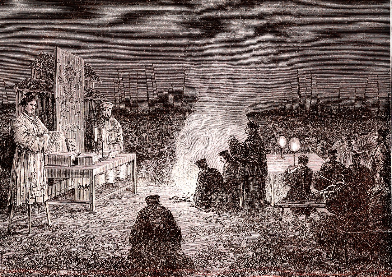 Cerimonia funebre a Sou-Tcheou, Cina. 1874 (incisione) da Oswaldo Tofani