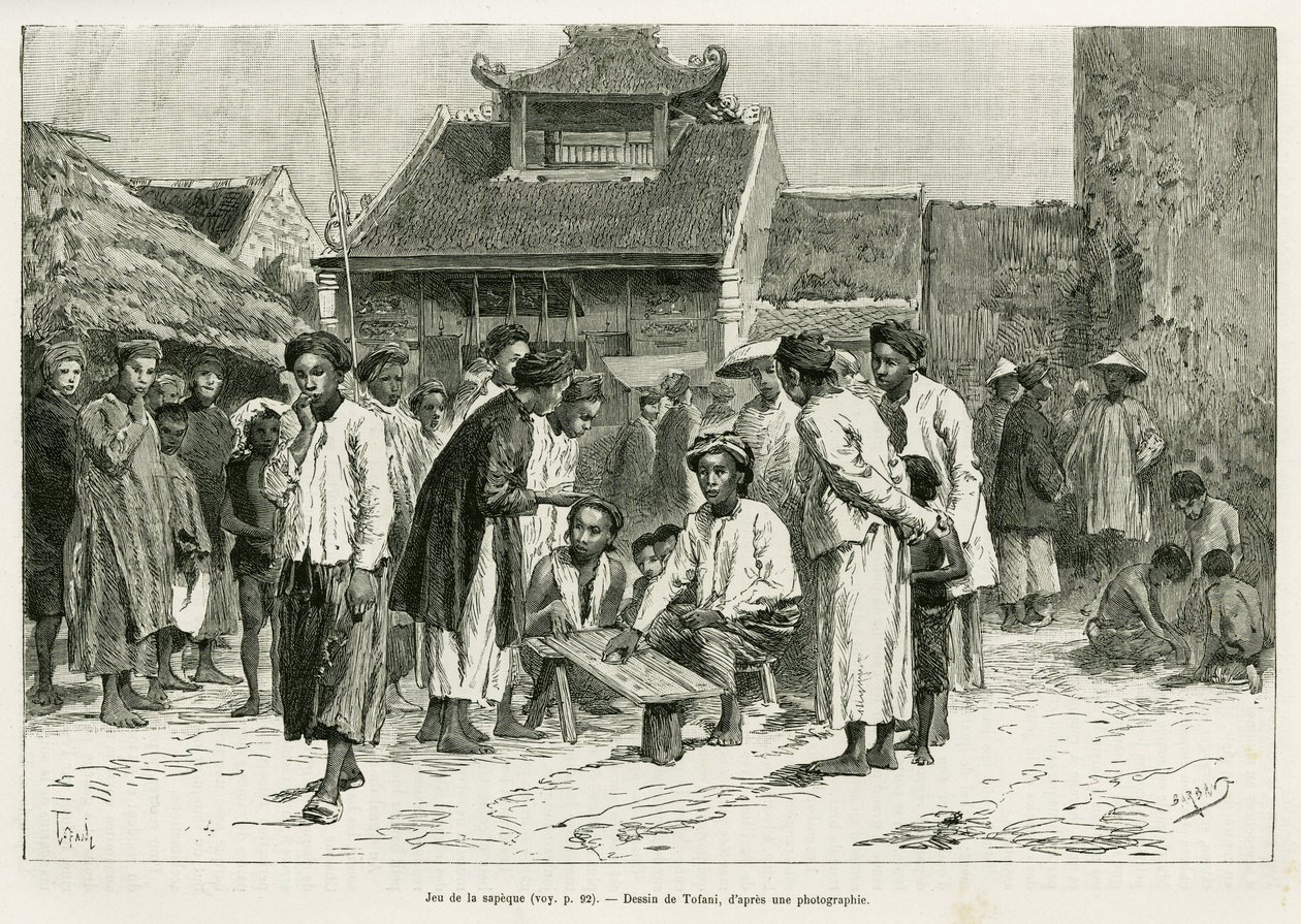 Gioco del sapeque. Incisione di Tofani, per illustrare la storia Trente mois au Tonkin, nel 1884, di Dr Paul Hocquard, in le tour du monde 1890, sotto la direzione di Edouard Charton (1807-1890), Hachette, Parigi. da Oswaldo Tofani