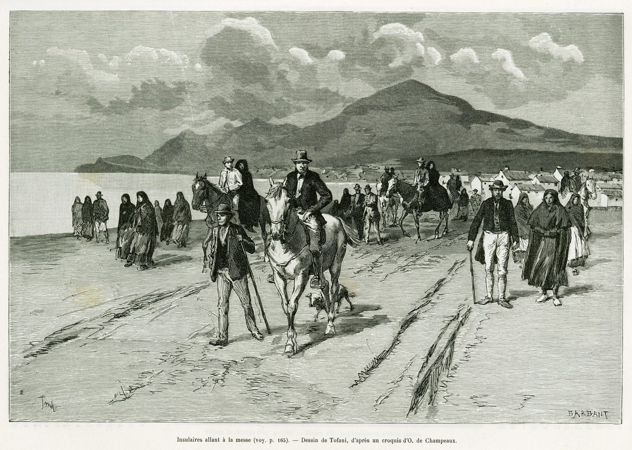 Isolani che vanno a messa. Incisione di Tofani, per illustrare il racconto Tre mesi in Irlanda, nel 1889, di Marie Anne de Bovet, in Le Tour du monde 1890, a cura di Edouard Charton (1807-1890), Hachette, Parigi da Oswaldo Tofani