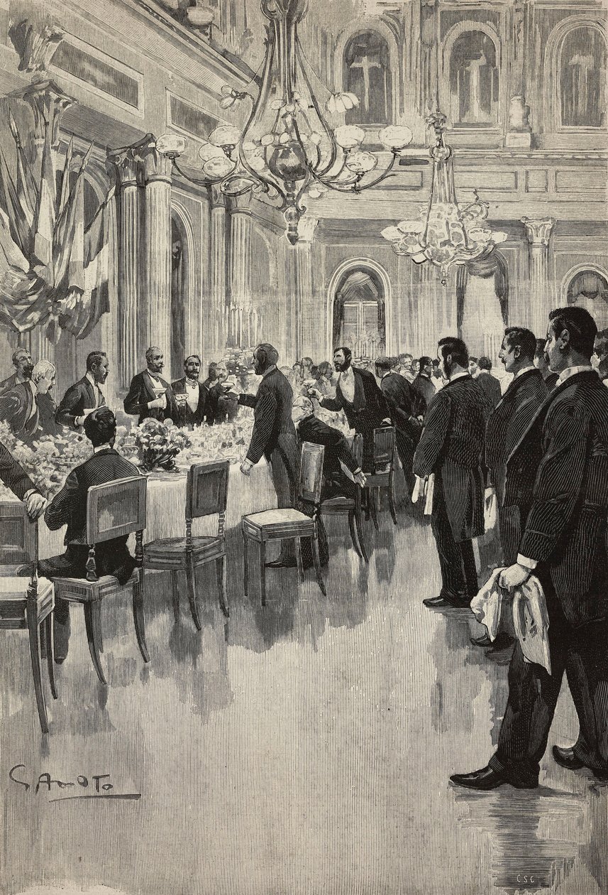 Diplomatici italiani che brindano insieme, Parigi, Francia, incisione da disegno di Gennaro Amato, da schizzo di Osvaldo Tofani, da L