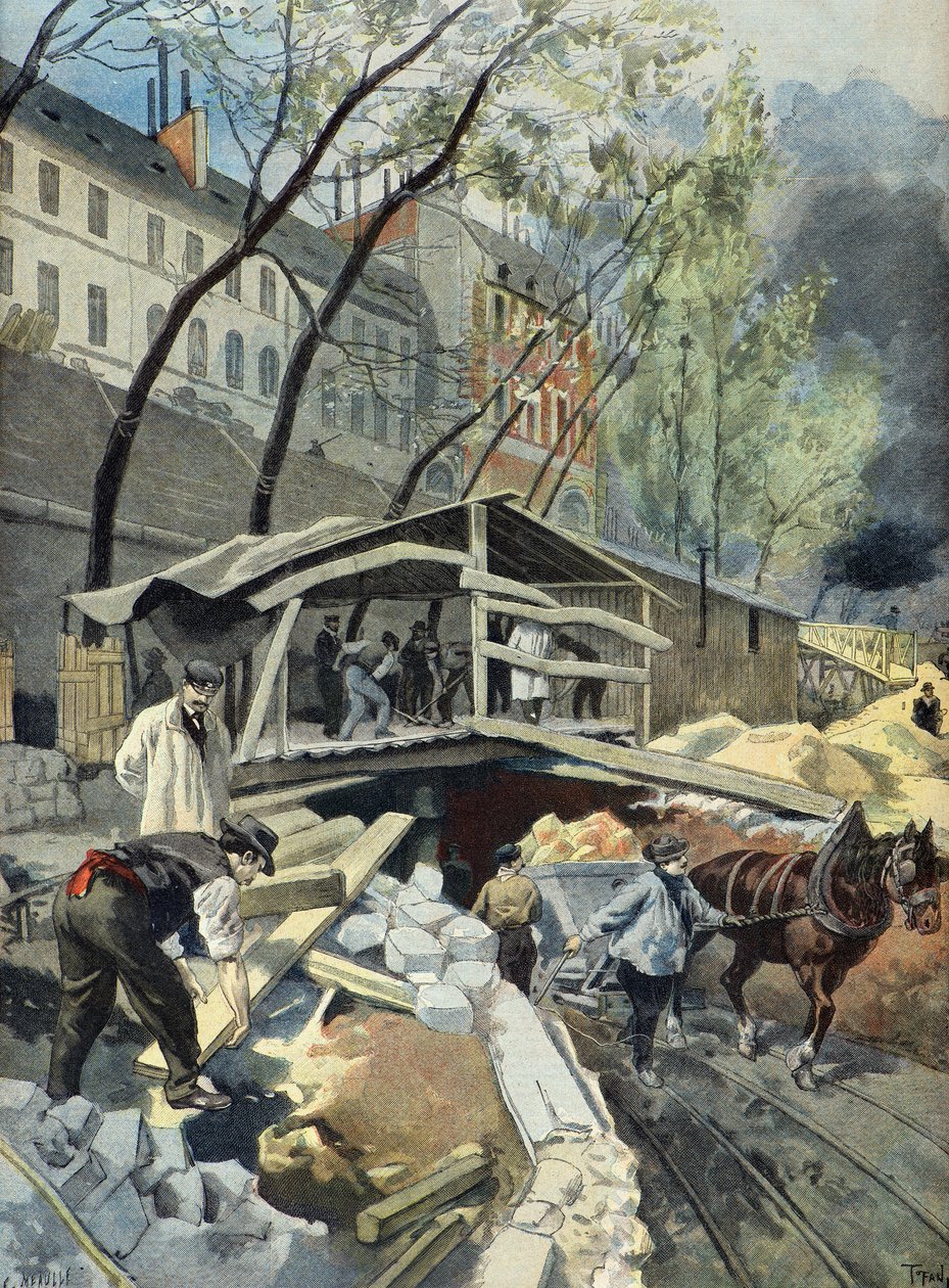 I lavori della Metropolitain a Parigi nel 1899 (Incisione) da Oswaldo Tofani