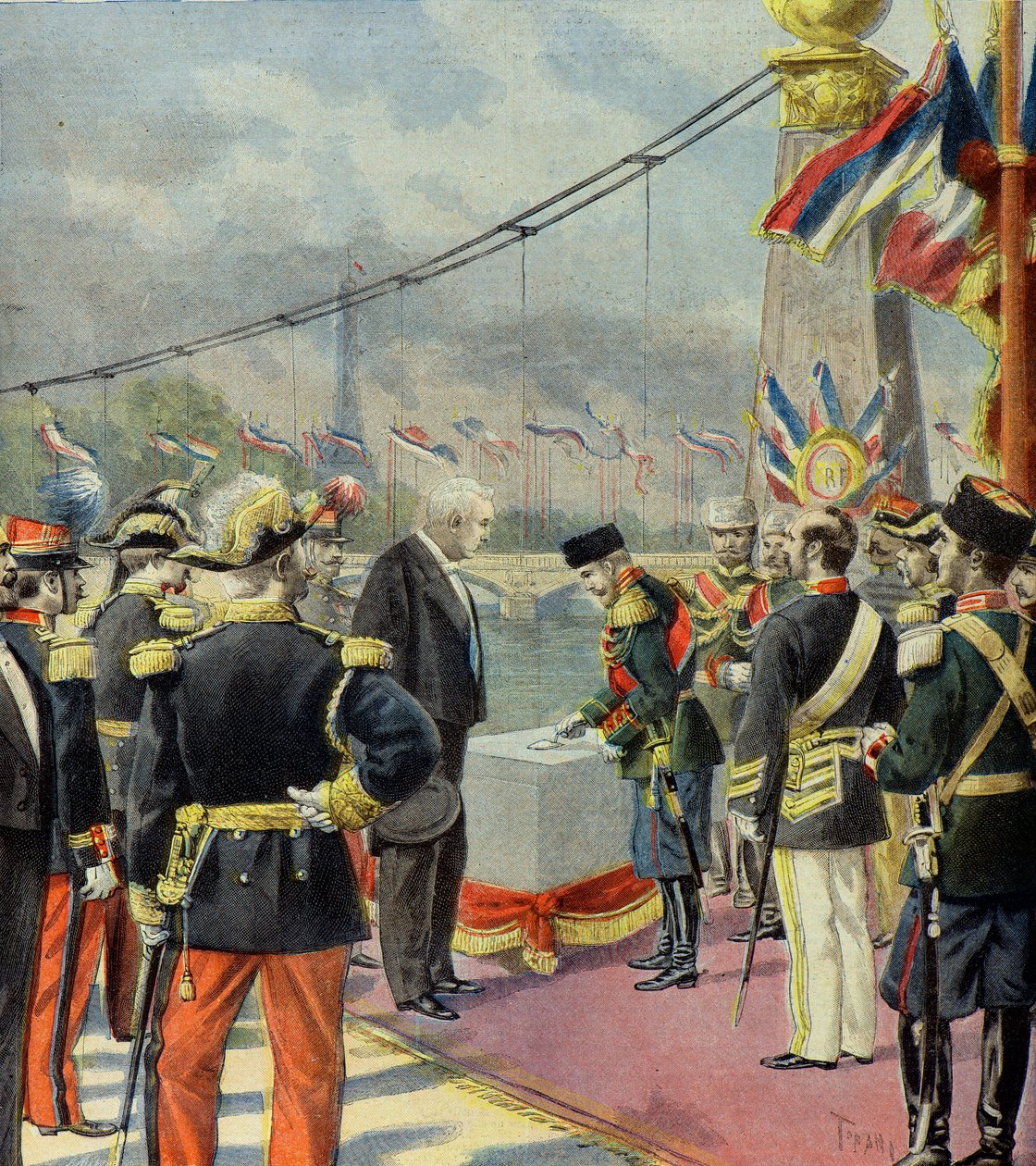 Nicolas 2 posa la prima pietra del ponte Alexandre 3, alla presenza di Felix Faure, Parigi 1896 (Incisione) da Oswaldo Tofani
