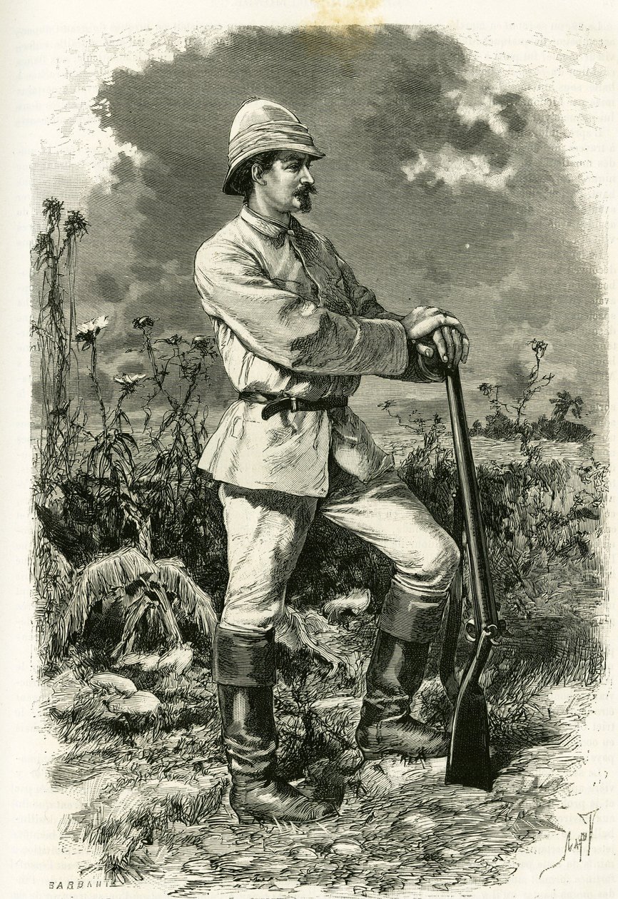 Ritratto del Dr. Emile Holub, in abito da esplorazione, incisione di Tofani, per illustrare la storia "Nel paese dei Marutses", nel 1875-1879, del Dr. Emile Holub (1847-1902). Pubblicato nel Tour du monde, 2° semestre 1883, a cura di Edouard Charton (1807- da Oswaldo Tofani