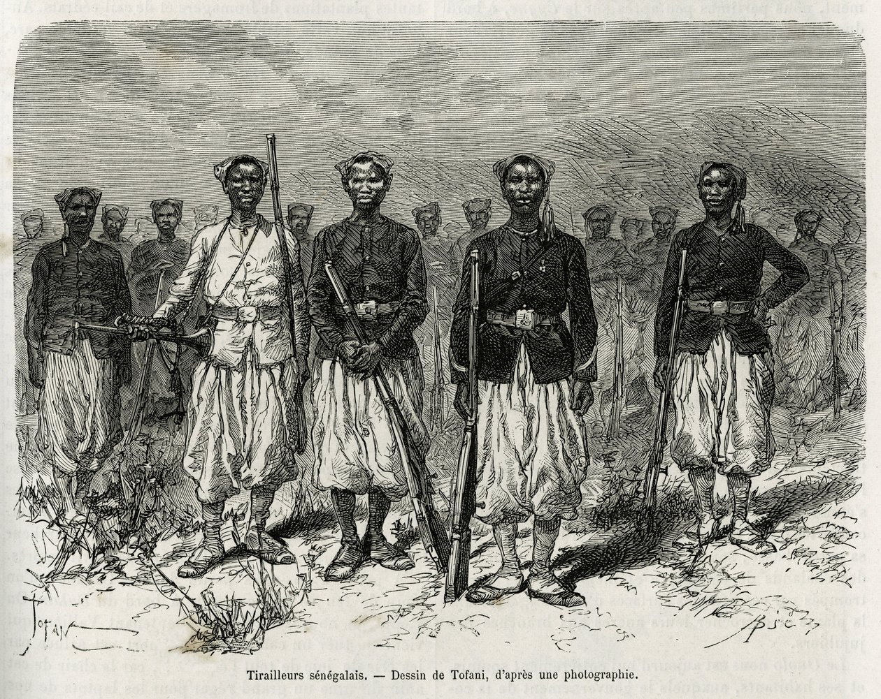 Cavalieri senegalesi della scorta della spedizione. Incisione di Tofani, per illustrare la storia dell