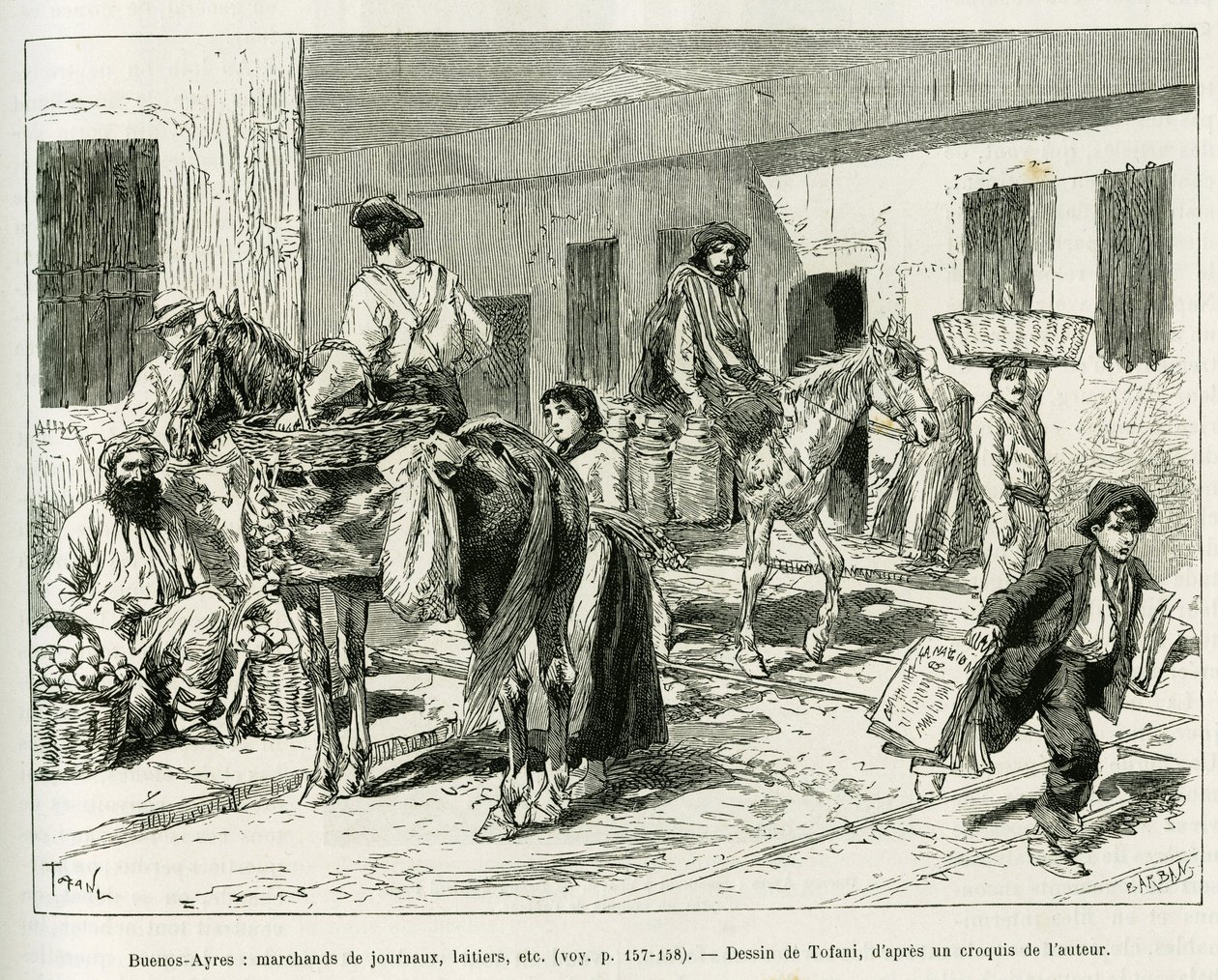 Piccole imprese, venditori di giornali, latterie, venditori di frutta ecc... nelle strade di Buenos Aires (Argentina). Incisione di Tofani per illustrare la storia Voyage a la Plata, tre mesi di vacanza di Emile Blaireaux nel 1886, in le tour du monde 1887 da Oswaldo Tofani