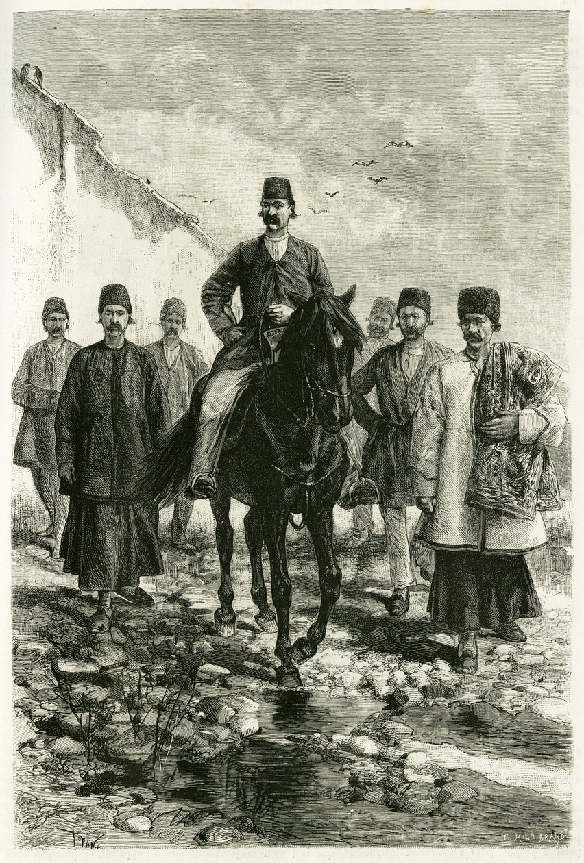 Il governatore di Kachan (o Kashan, nella provincia di Teheran, attuale Iran) cavalca un cavallo nero e il suo seguito è a piedi. Incisione di Tofani, da una fotografia, per illustrare la storia 