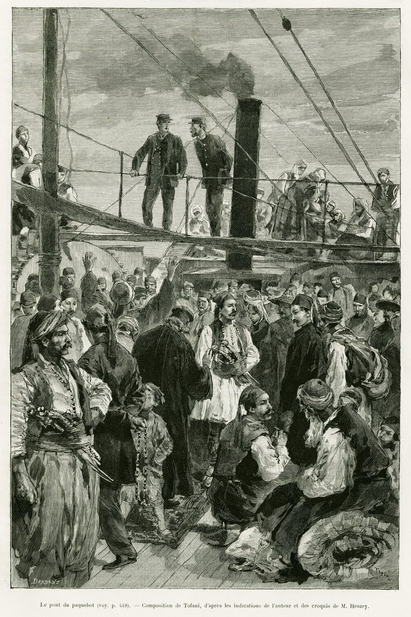 Il ponte della nave. Incisione di Tofani per illustrare la storia Viaggio in Tessaglia nel 1882, di Paul Monceaux, in Le Tour du monde 1887, diretto da Edouard Charton (1807-1890), Hachette, Parigi. da Oswaldo Tofani