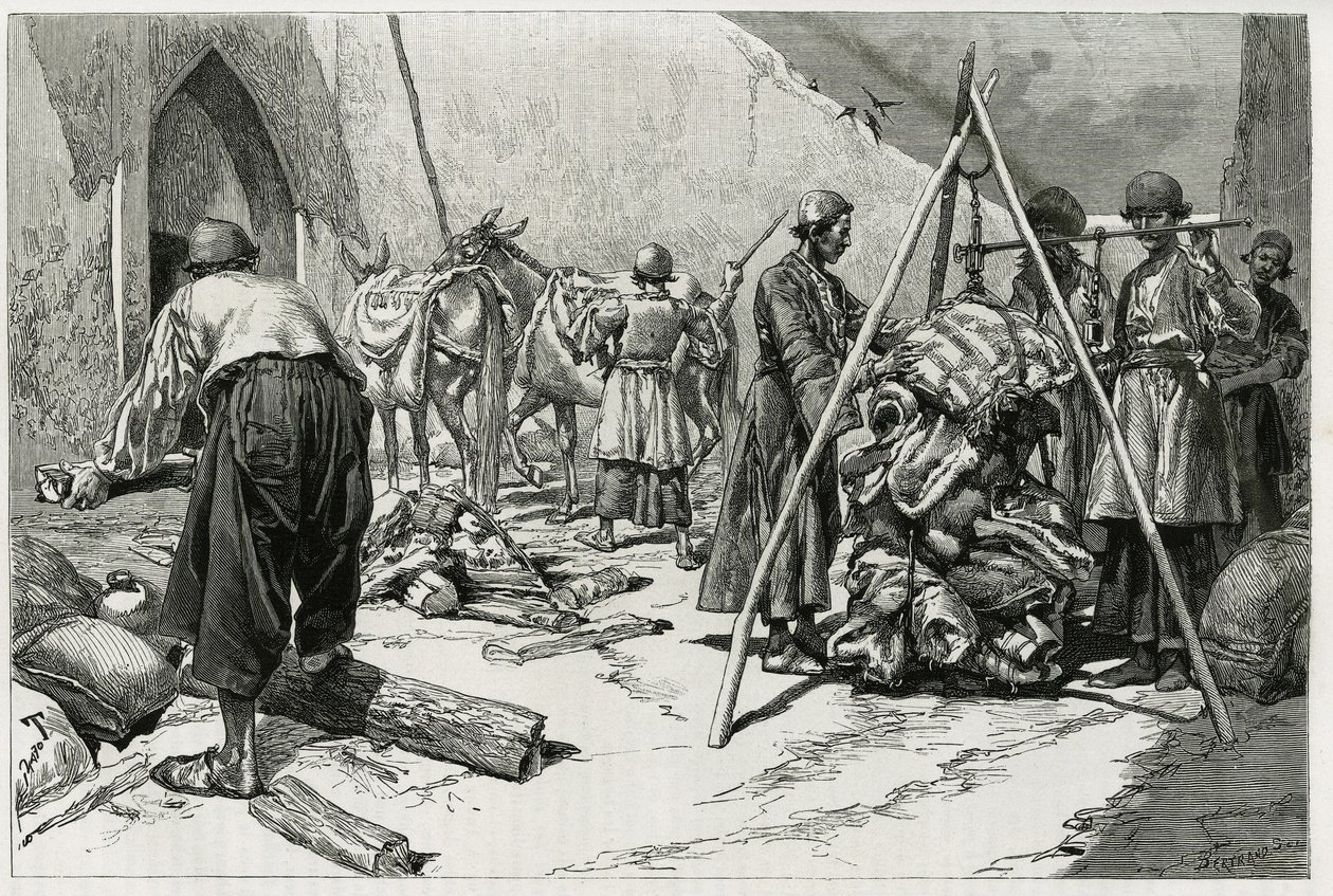 La pesatura dei bagagli prima della partenza della spedizione nuziale Delafoy. Incisione di Tofani, per illustrare la storia 