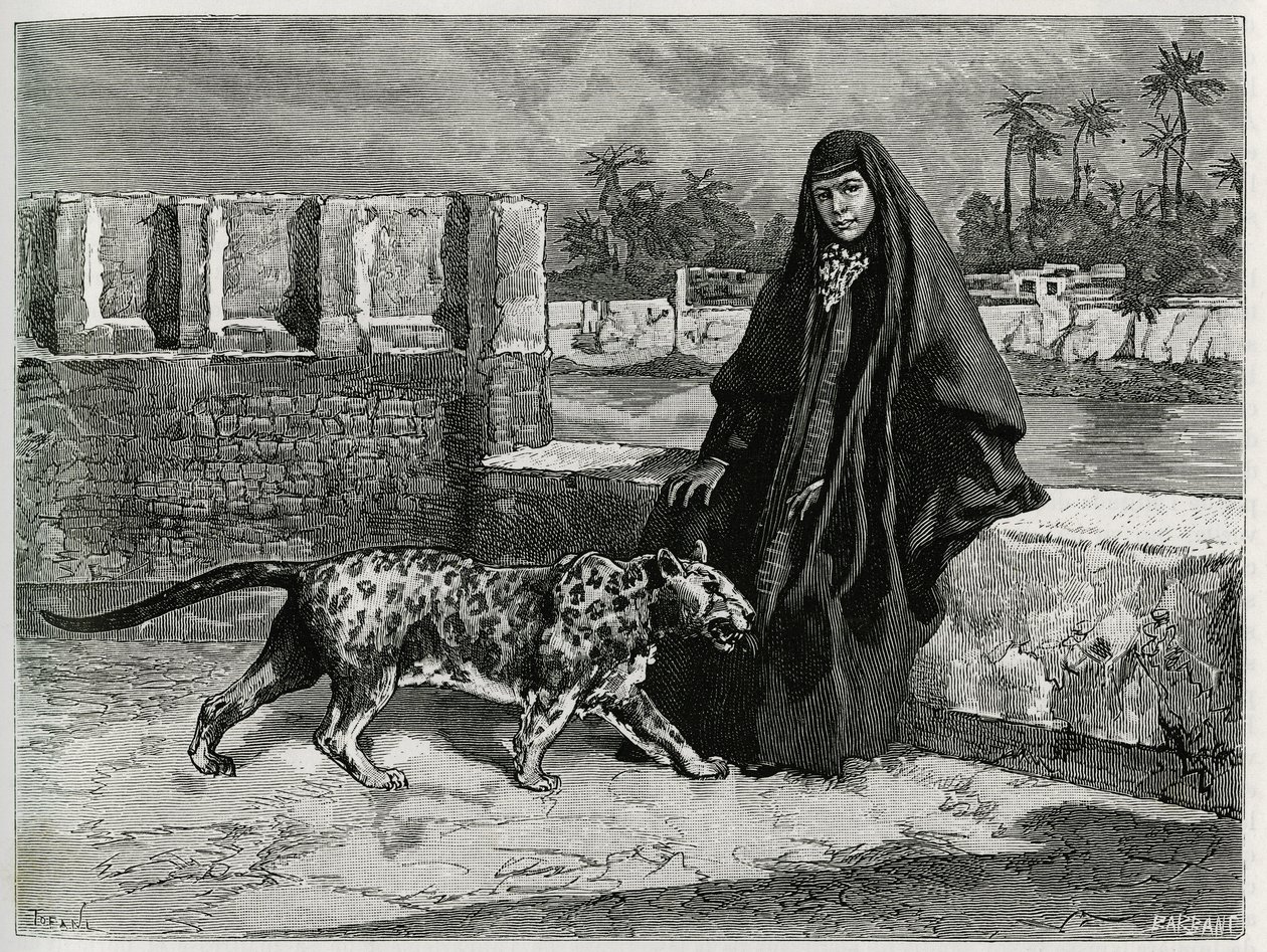 Torkan Khanoum, favorita dello sceicco Moses, potente capo tribale di Arabistan con la sua pantera. Incisione di Tofani, per illustrare il racconto “Persia, Caldea e Susiana” da Oswaldo Tofani