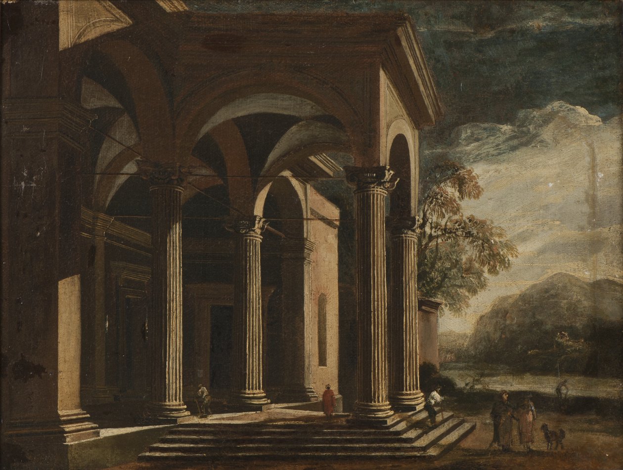 Fantasia architettonica di un palazzo in un paesaggio da Ottavio Viviani