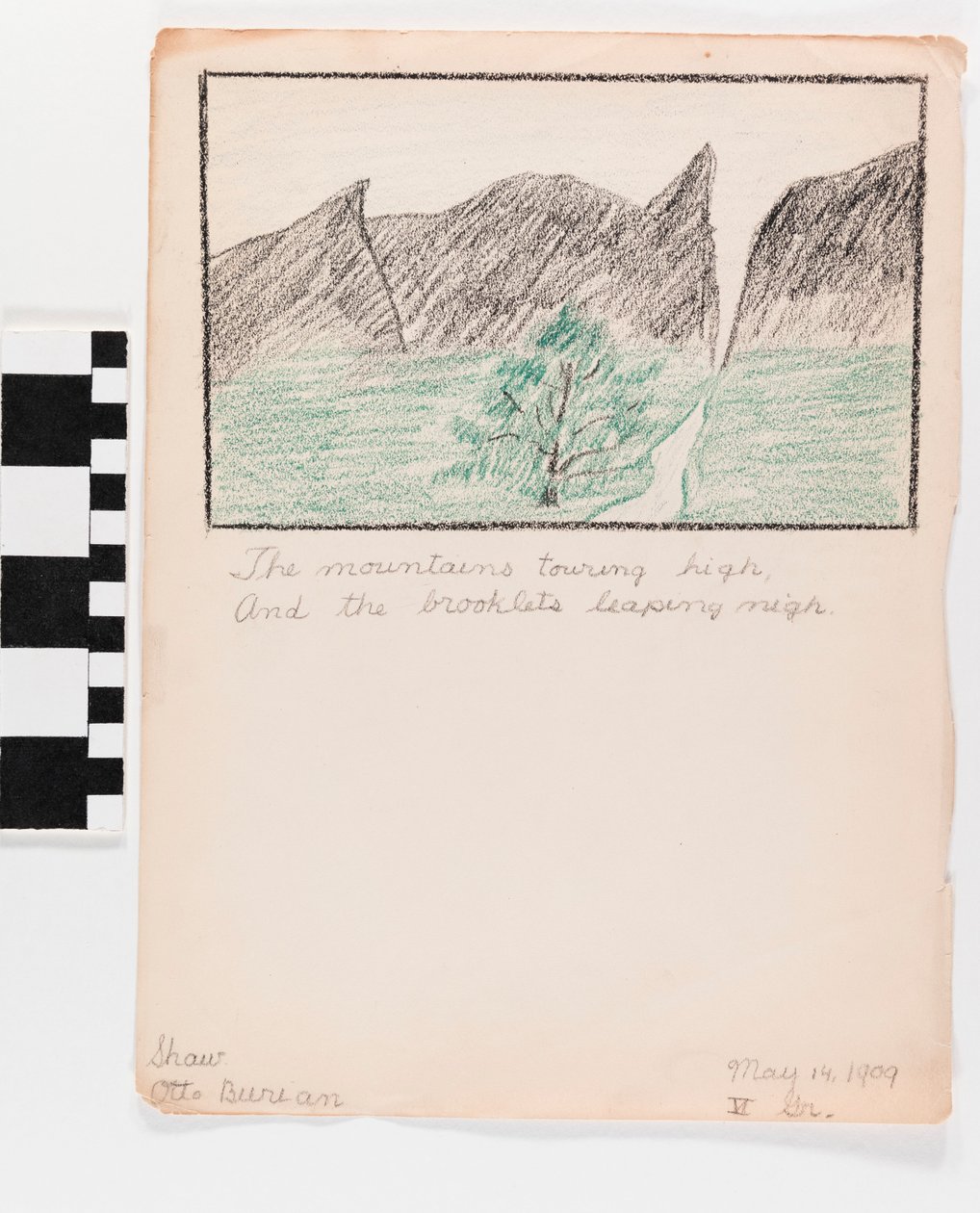 Illustrazione a pastello su carta di montagne con poesia sotto da Otto Burian