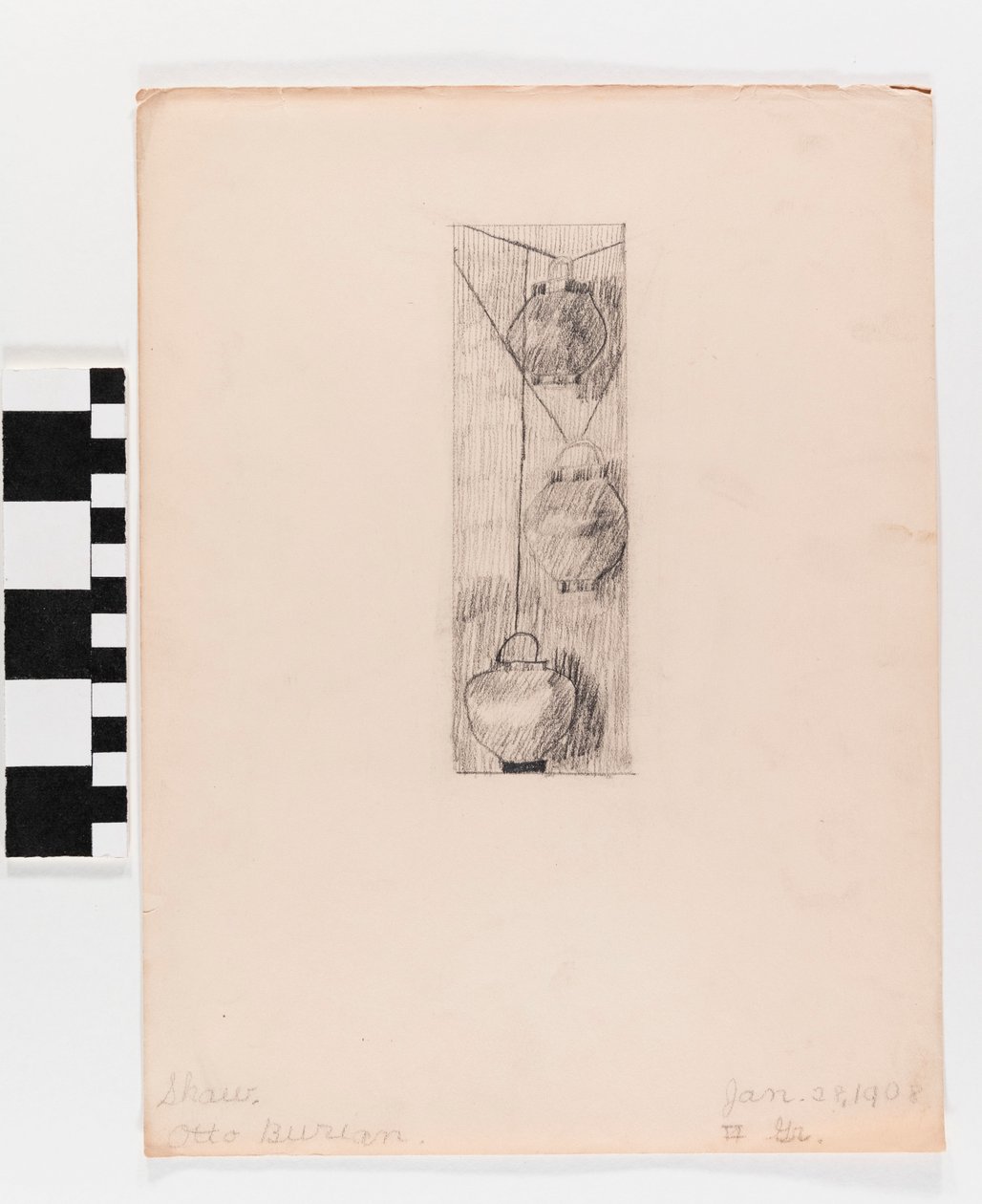 Disegno a matita di tre lampade appese su carta da Otto Burian