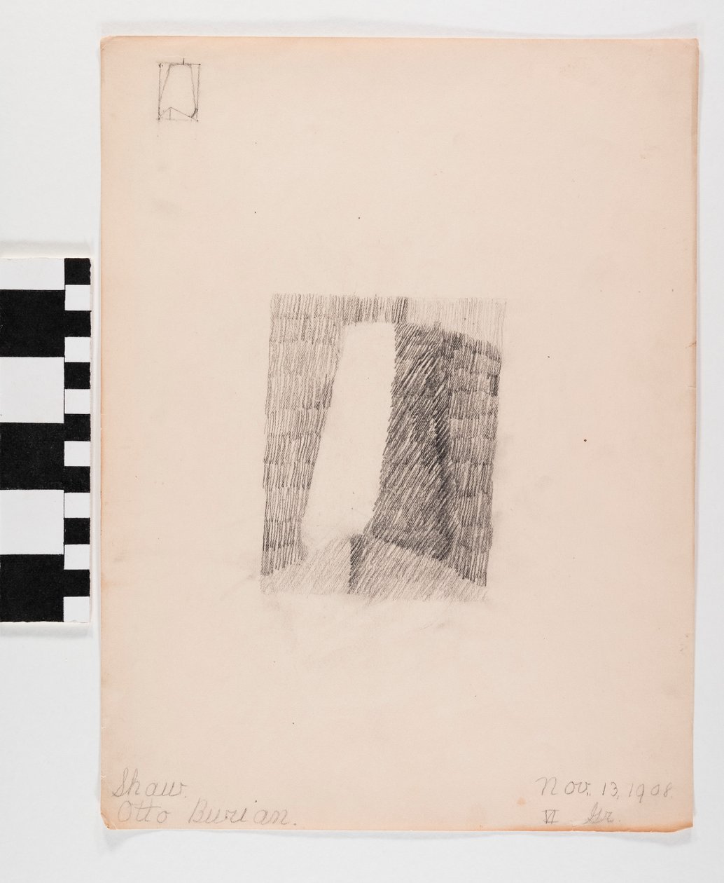 Disegno a matita su carta di una porta con ombreggiatura al centro e piccolo contorno di una porta nell