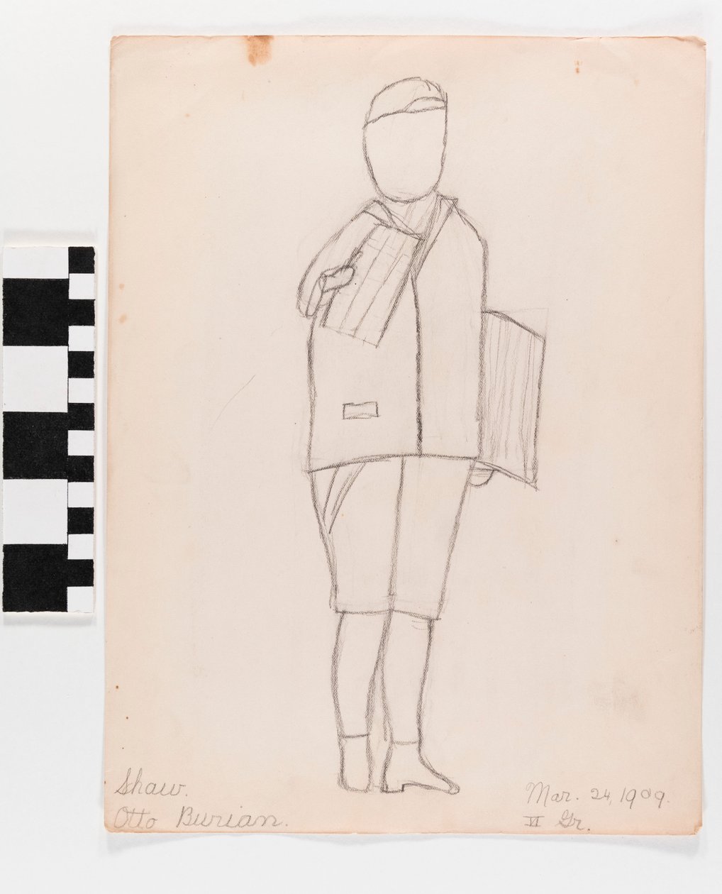Disegno a matita su carta di una persona che tiene dei fogli da Otto Burian