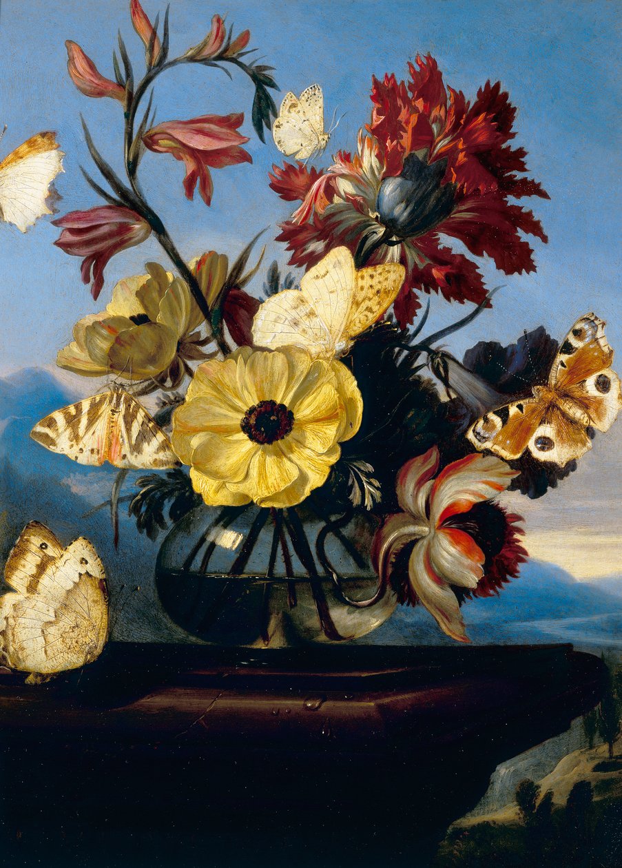 Vaso di fiori con una farfalla da Otto Marseus  van Schrieck