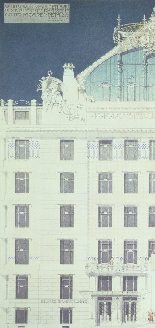 Cassa di Risparmio Postale, Vienna, disegno che mostra il dettaglio della facciata, c.1904-06 da Otto Wagner