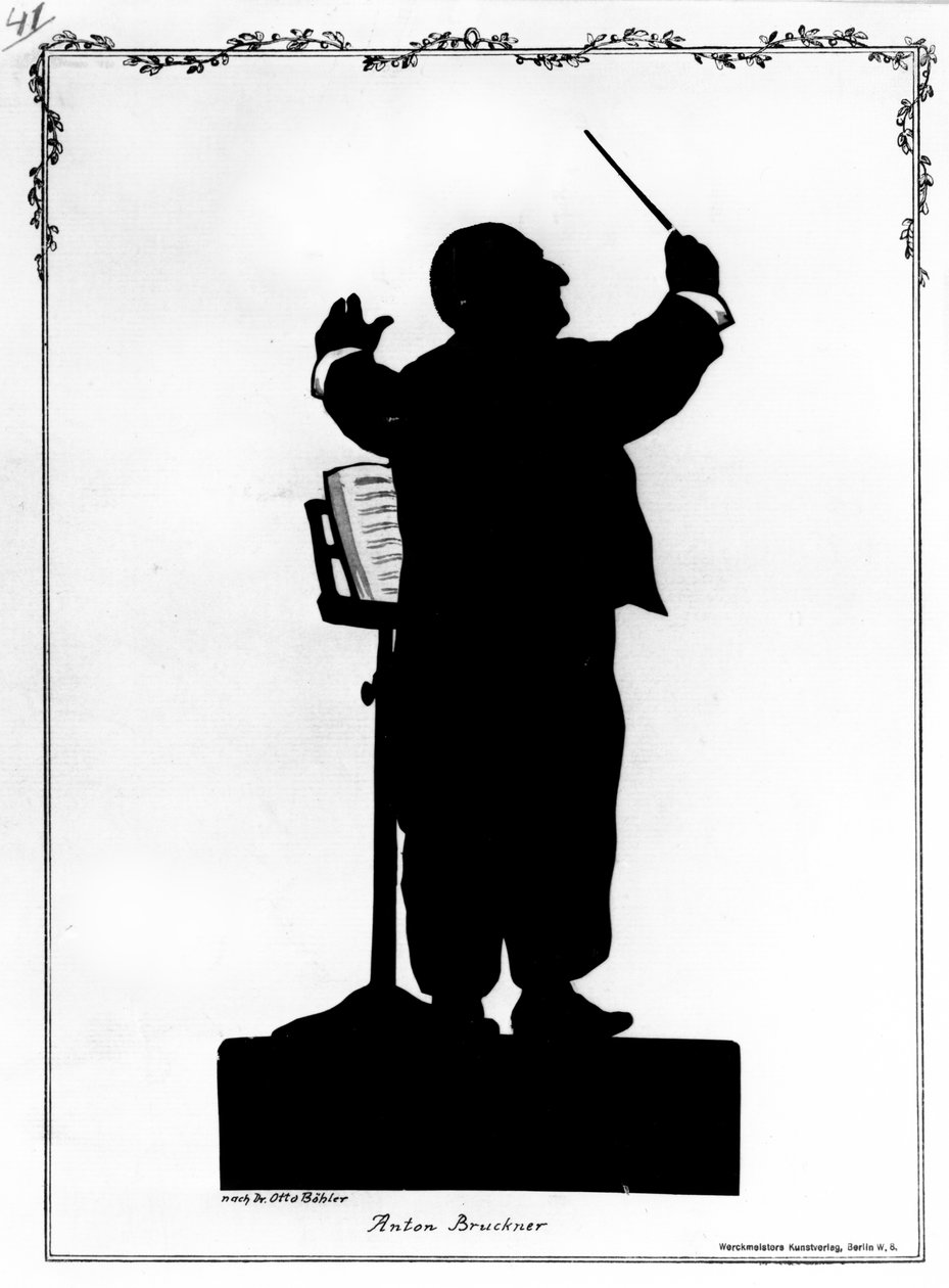 Silhouette di Anton Bruckner (1824-96) compositore austriaco, che dirige (incisione) (foto b/n) da Otto (after) Bohler