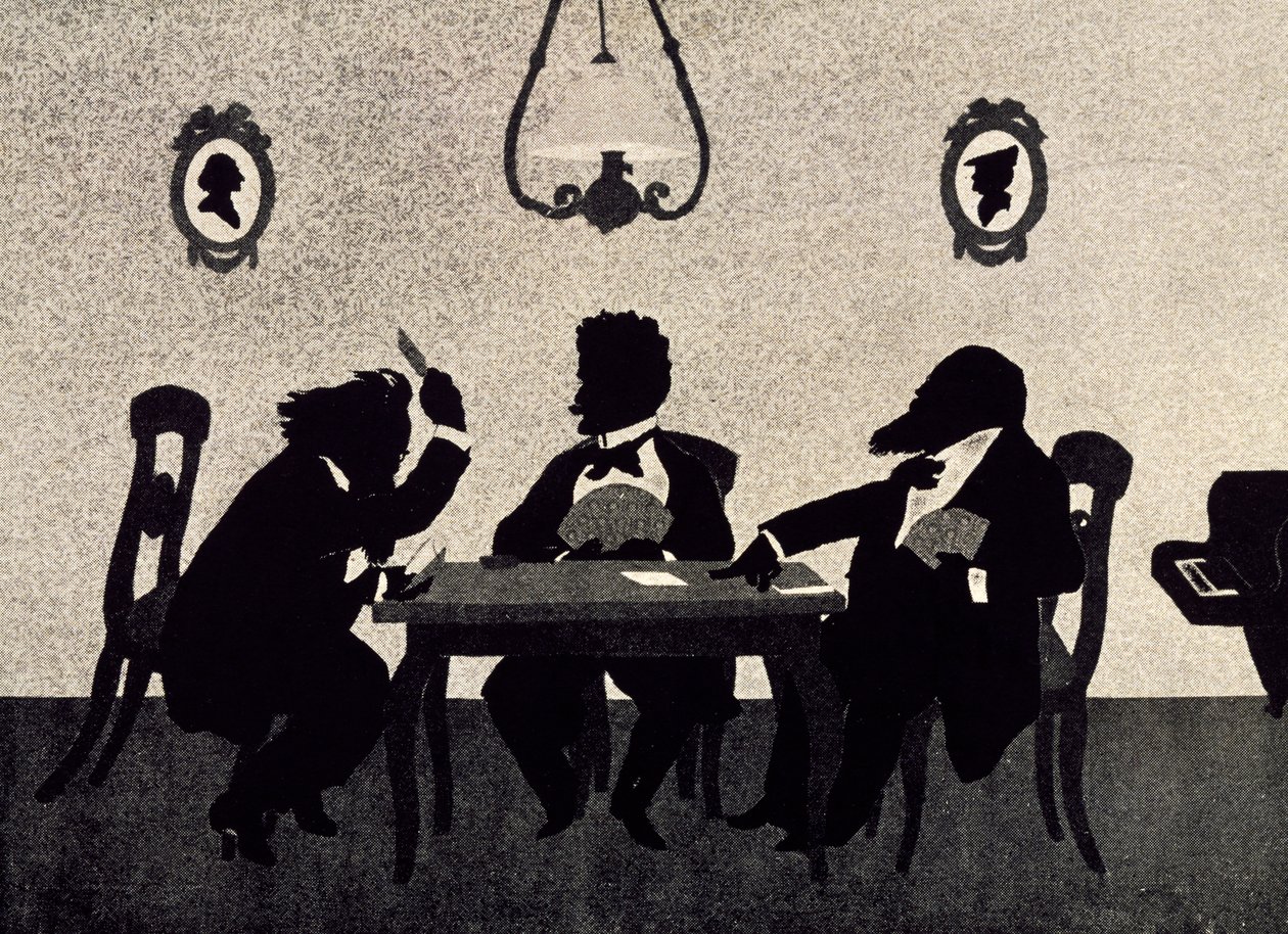 Partita a carte tra Johannes Brahms, Richard Strauss e Hans Richter, silhouette nera di Otto Bohler da Otto Bohler