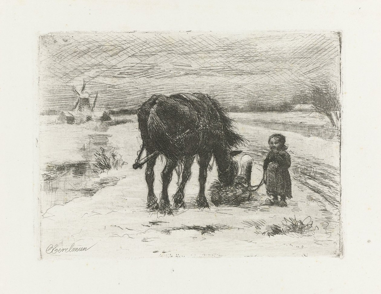 Paesaggio innevato con bambino e cavallo da Otto Eerelman