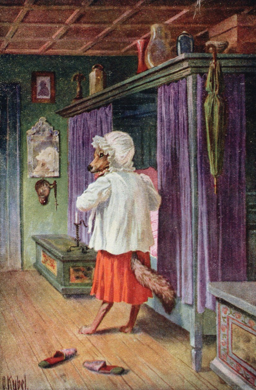 Cartolina che raffigura il lupo travestito da nonna di Cappuccetto Rosso da Otto Kubel