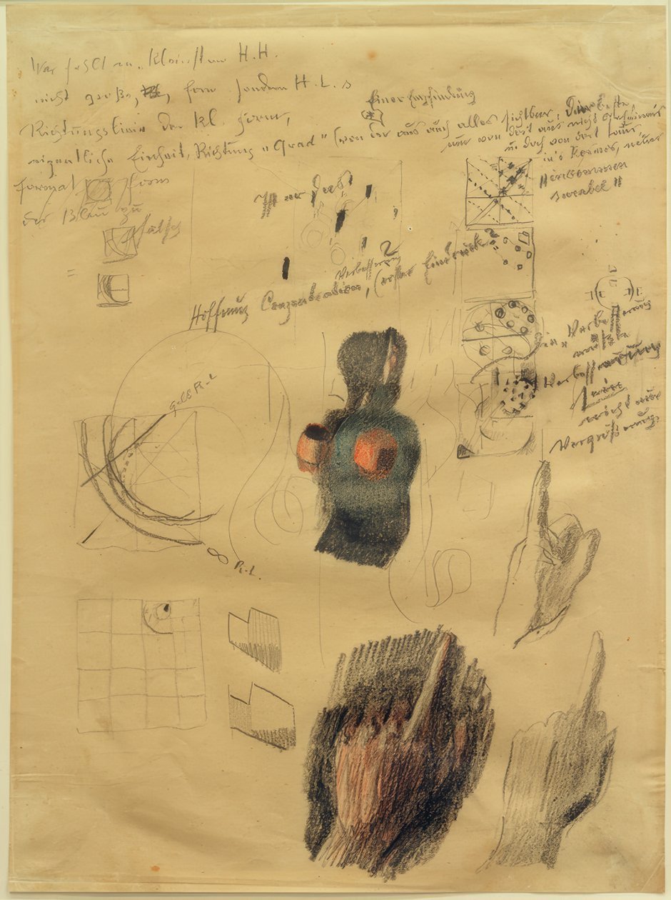Foglio di schizzi con studi di composizione e mani per Alzare le mani (Risposte) da Otto Meyer Amden