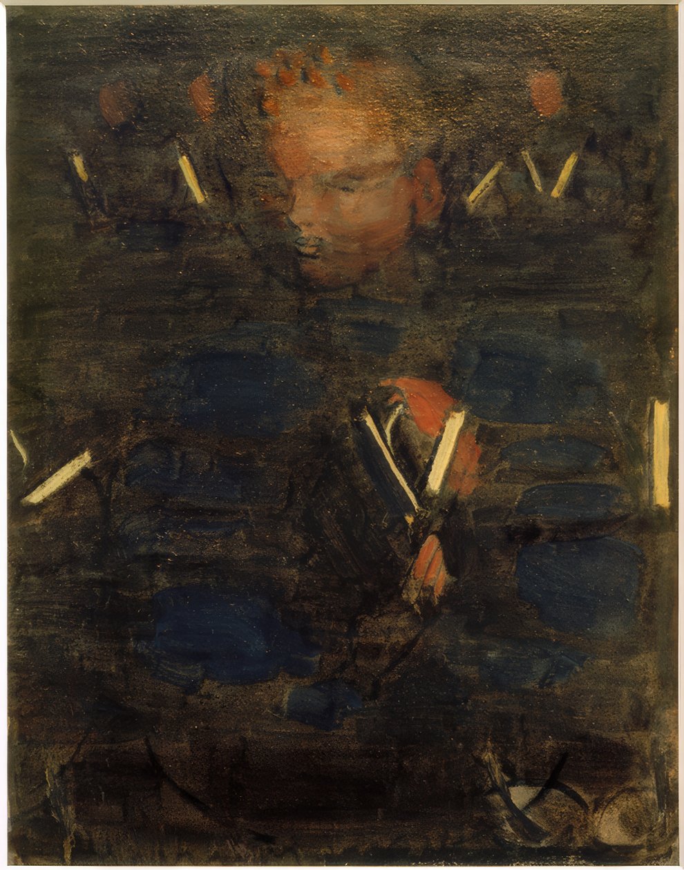 Preparazione (devozione nella sala da pranzo). Studio parziale (ragazzo con libro di canti) da Otto Meyer Amden