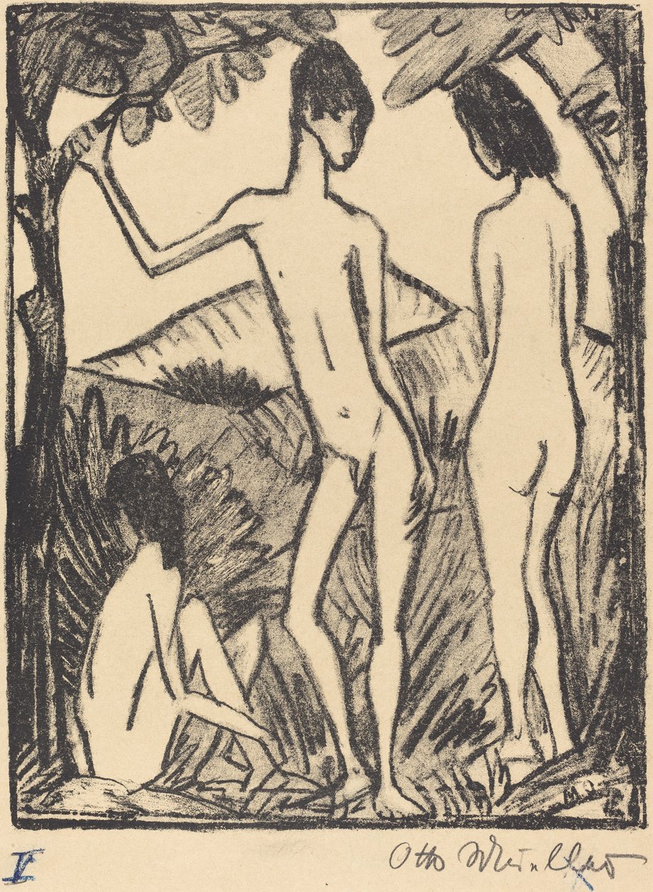 Ragazzo in piedi e due ragazze da Otto Müller
