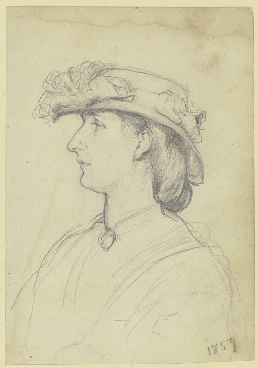 Ritratto di donna con cappello, di profilo verso sinistra da Otto Scholderer