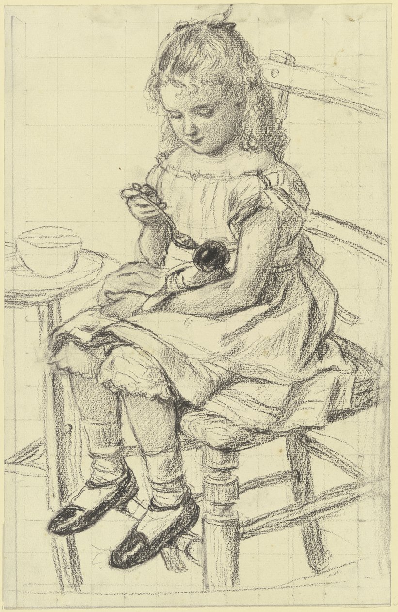 Una bambina mentre dà da mangiare alla sua bambola da Otto Scholderer