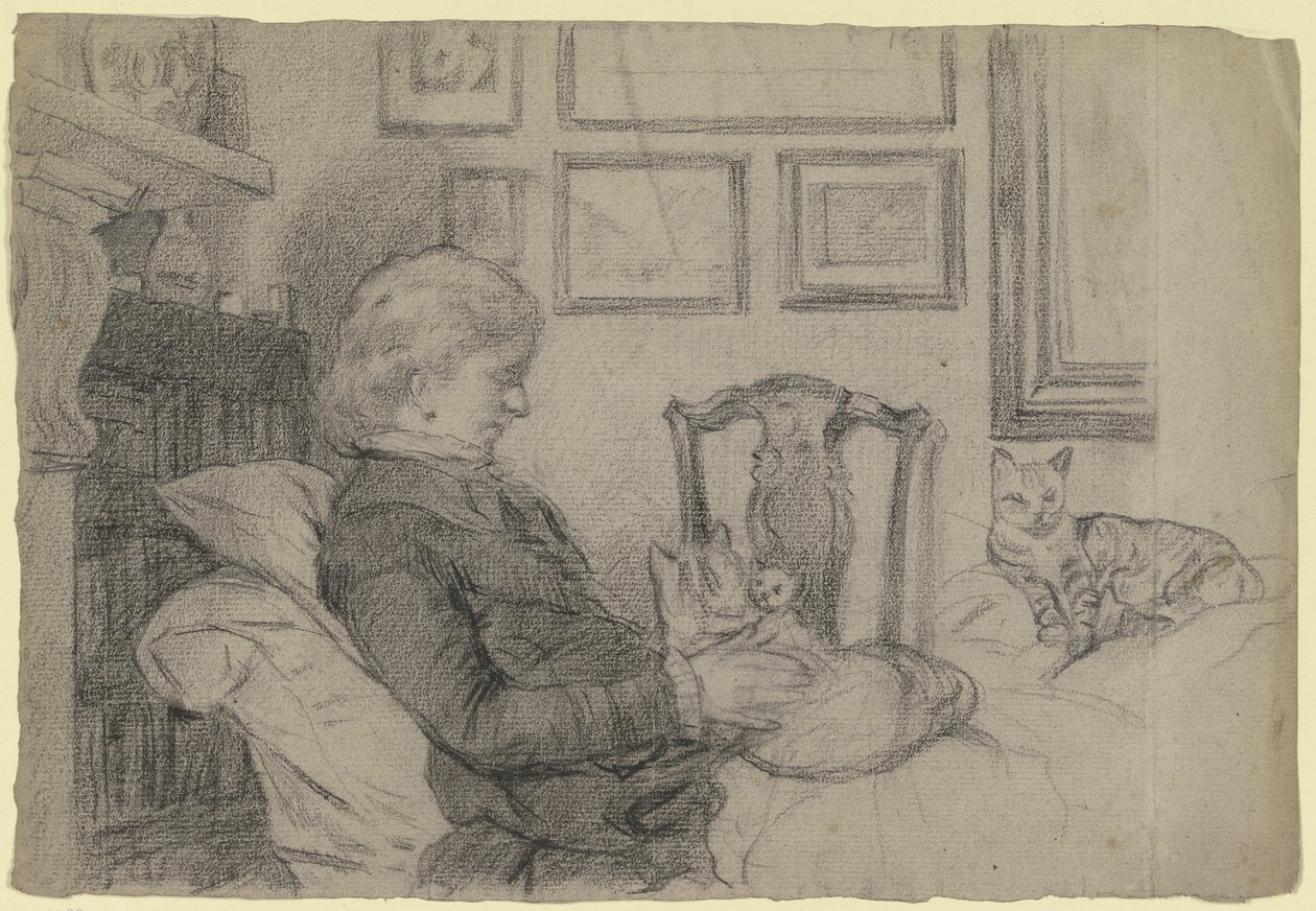 Luise Scholderer presso il camino con molti gatti da Otto Scholderer