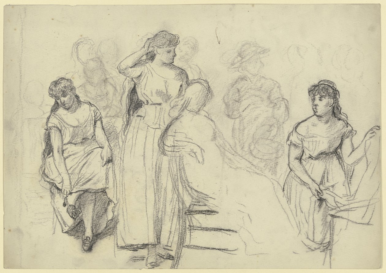 Personaggi seduti e in piedi tratti da “I preparativi per il ballo in maschera” da Otto Scholderer