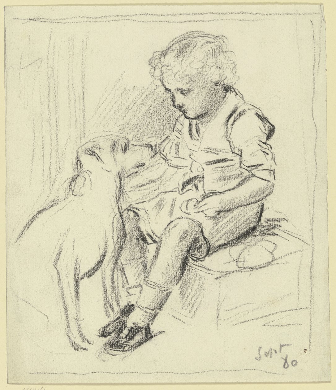 Ragazzo seduto con cane seduto da Otto Scholderer