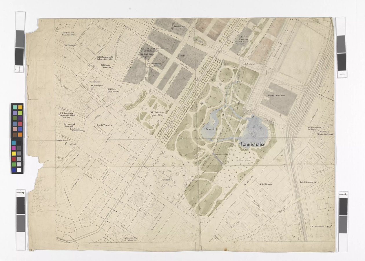 Piano regolatore generale: sezione della tavola cartografica della parte orientale della Città Interna e della Ringstraße, parco cittadino e mercato centrale coperto da Otto Wagner